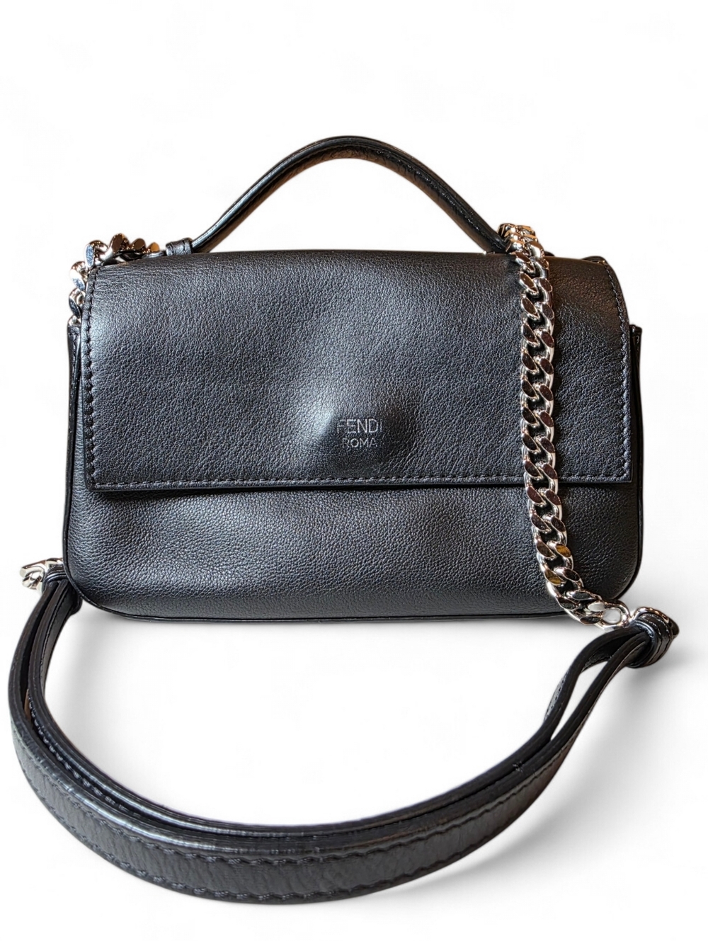 FENDI Double Mini Baguette Studded Crossbody Shoulder Bag Black Leather - Picture 2 of 13
